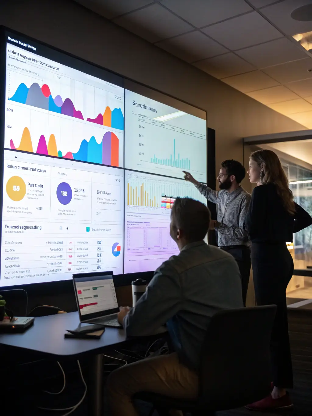 An image showing a team analyzing digital marketing analytics on multiple screens, discussing strategies to improve online visibility and engagement for a client.