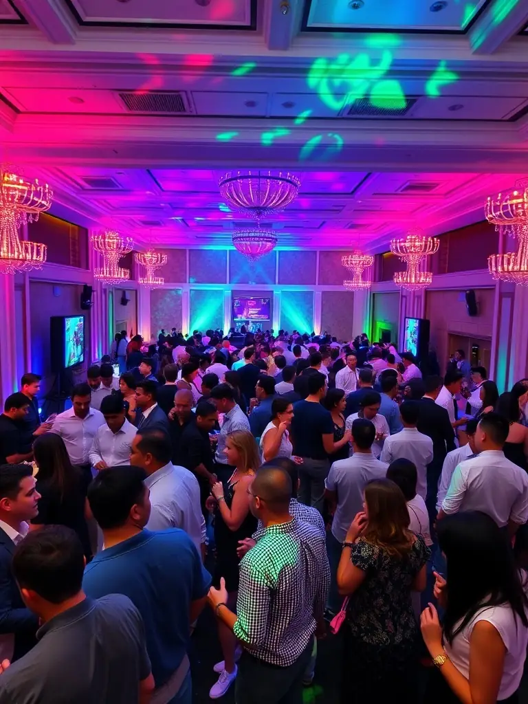A vibrant photo of a well-organized corporate event with attendees engaging and a decorated venue, showcasing successful event planning and management.