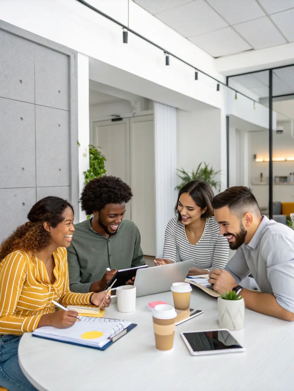 A photo of a team brainstorming ideas on a whiteboard, with sticky notes and markers, representing creative marketing solutions and collaborative planning.