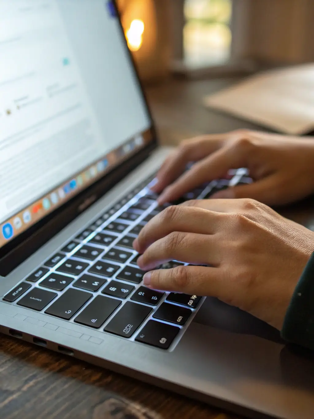 A close-up shot of a person's hands typing on a laptop, with charts and graphs visible in the background, symbolizing data-driven marketing analysis.