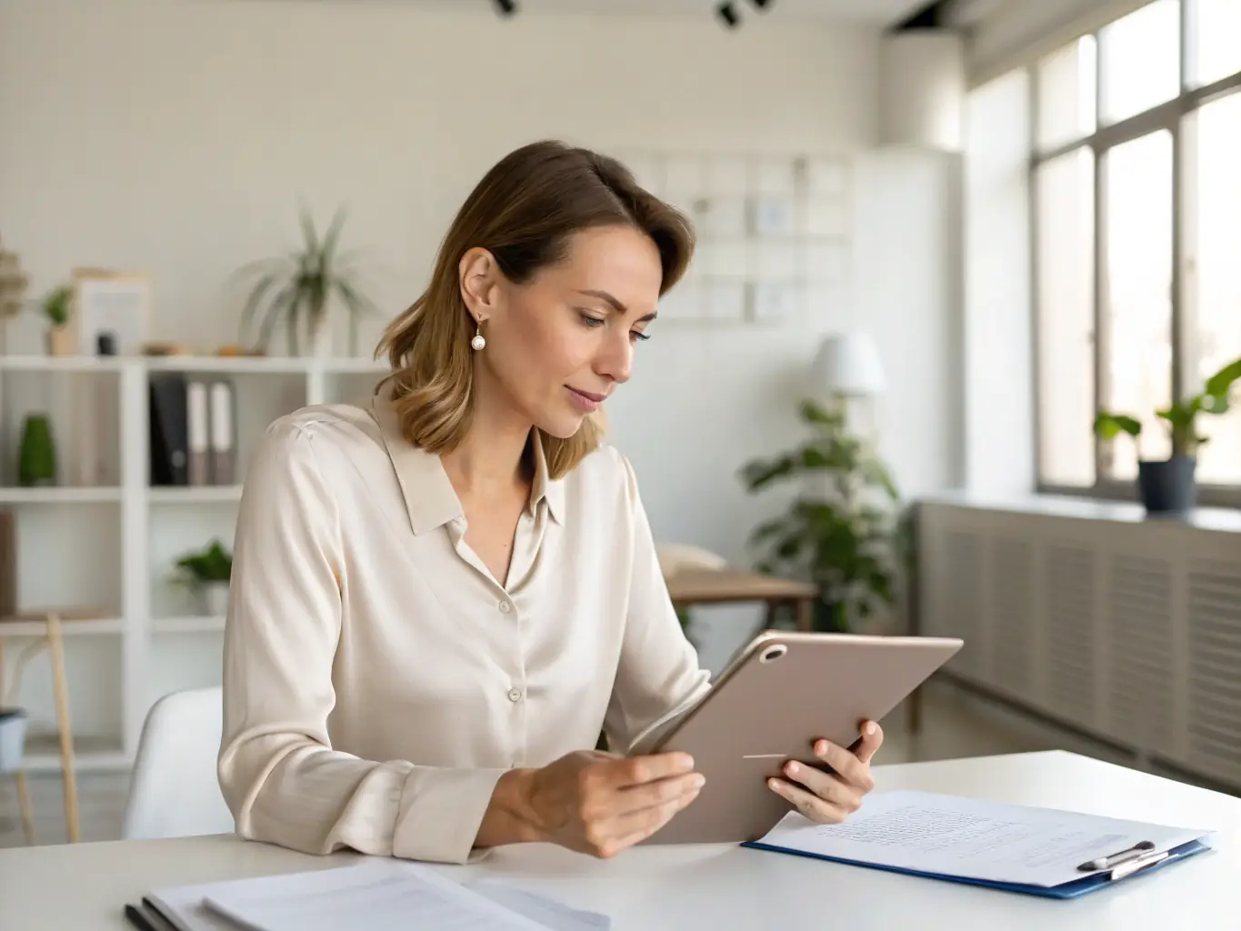 A photograph depicting a project manager meticulously reviewing a detailed event timeline on a tablet, surrounded by event planning documents and vendor contracts in a modern office setting.