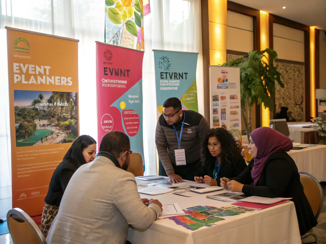 A photograph showcasing a team of event coordinators collaborating on a creative event design, with mood boards, color swatches, and sample decorations spread across a large table.