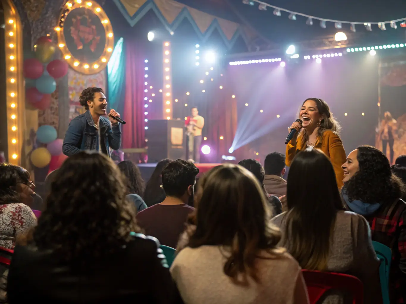 A visually stunning scene from a creative event, featuring unique decorations, interactive elements, and enthusiastic participants, representing Axis Creative Consulting's ability to create innovative event experiences.