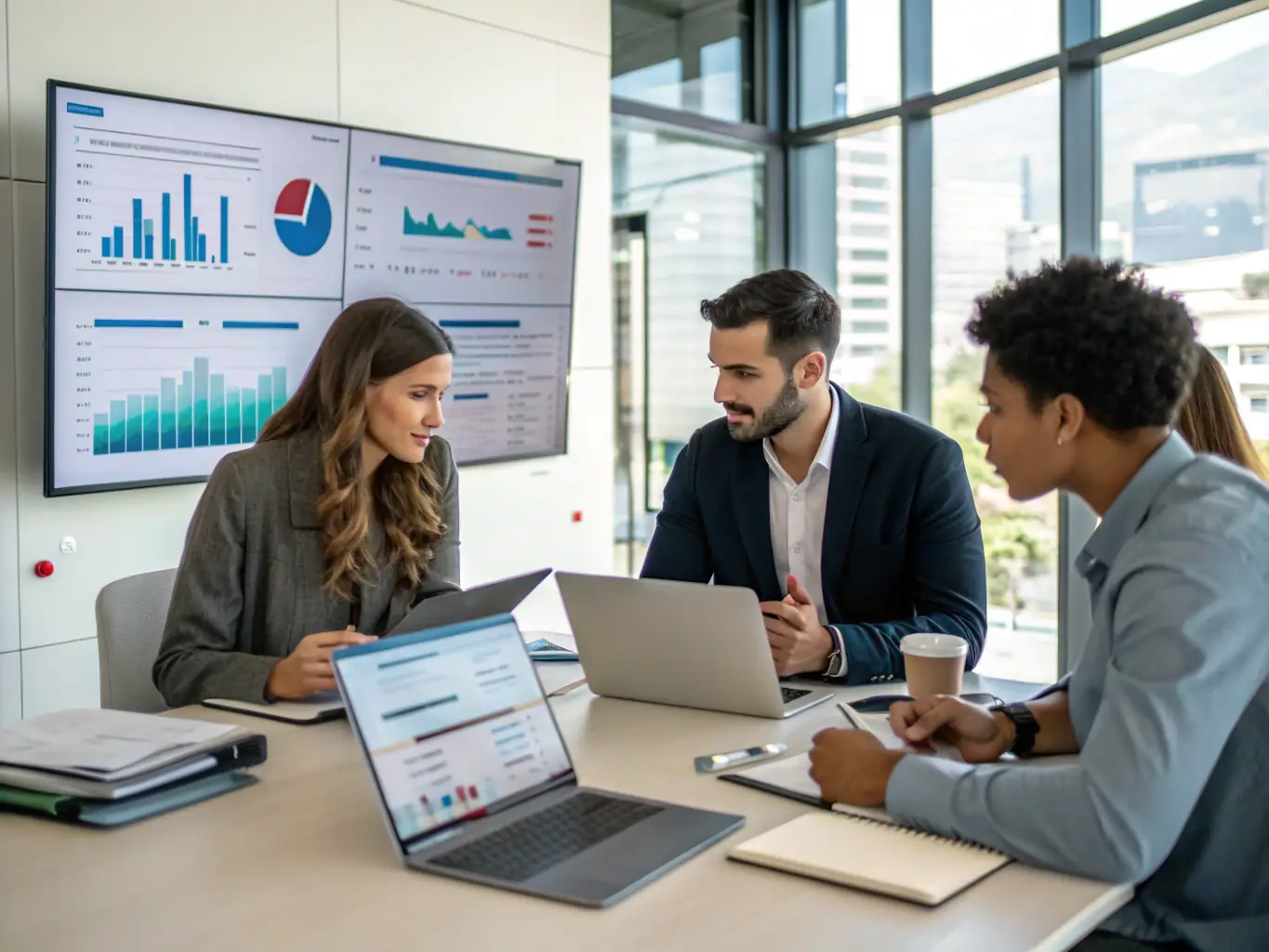 An image of a diverse team collaborating on a digital marketing strategy, reviewing analytics dashboards and brainstorming ideas in a modern office setting.