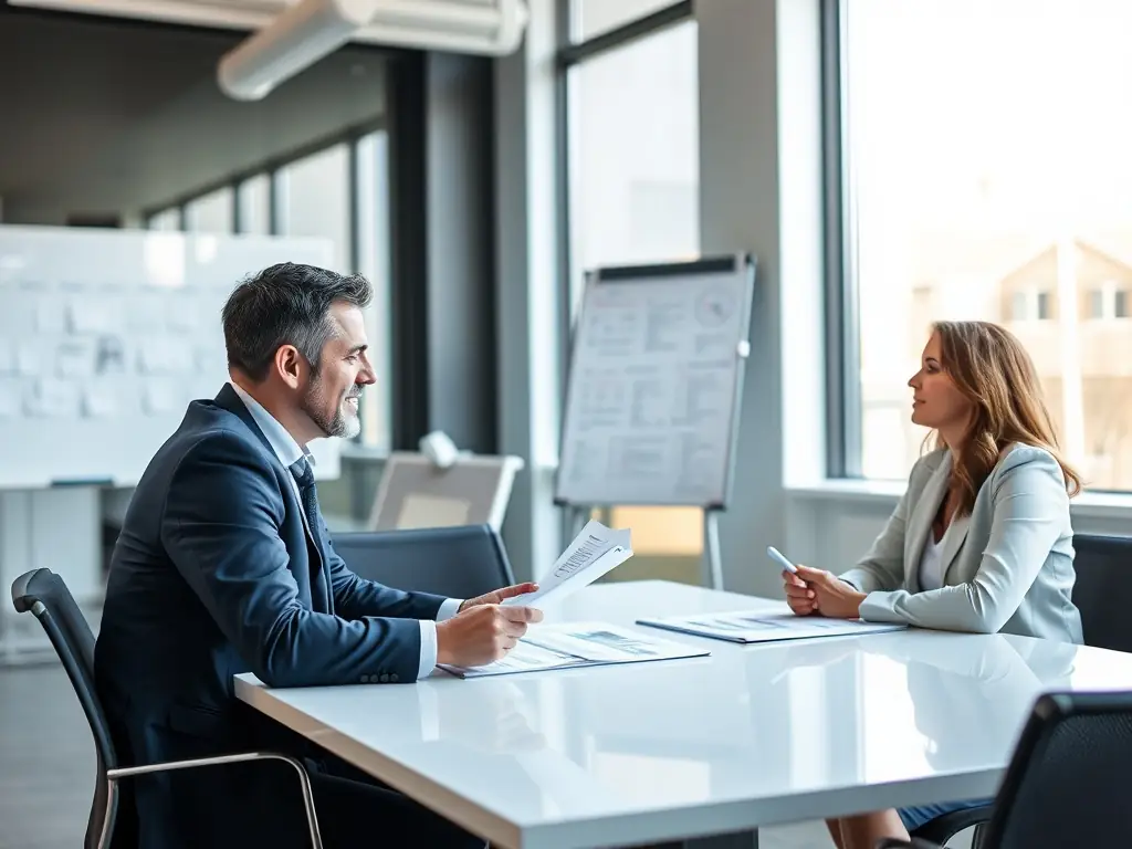 A consultant working with a client, reviewing growth strategy plans and discussing market expansion opportunities.